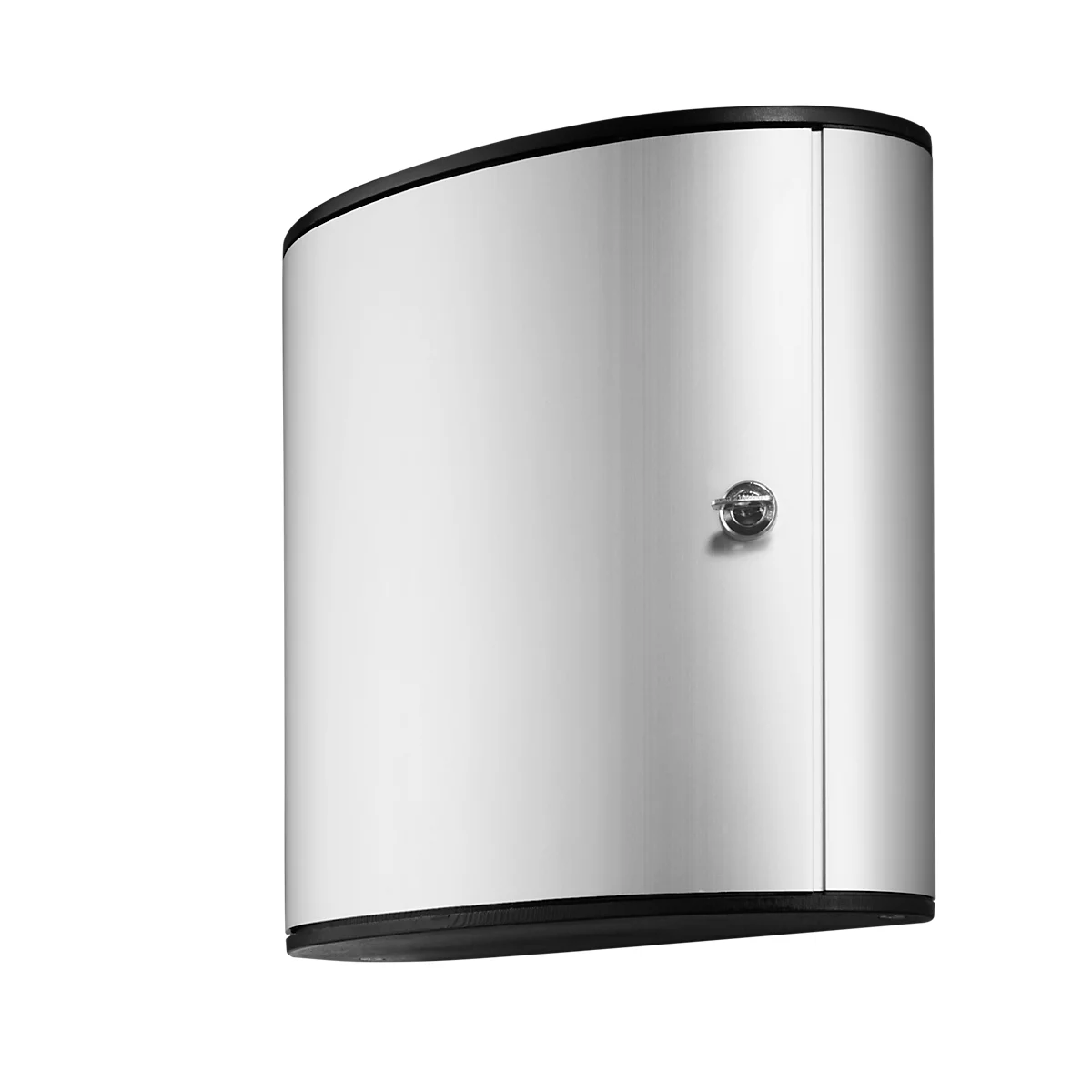 Silver rounded key cabinet with black frame and lock.