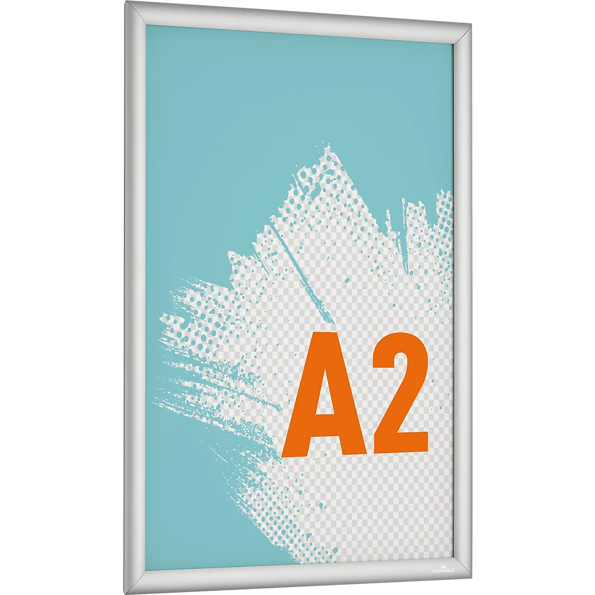 Een zilveren kliklijst met een turquoise poster met een wit penseelstreekeffect en de oranje tekst A2.