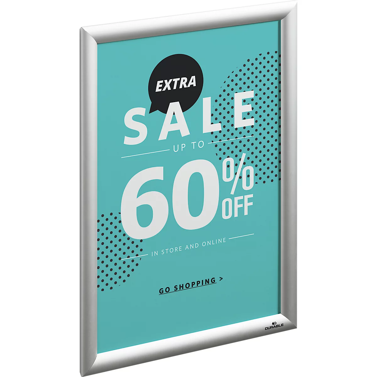Plakat mit silbernem Rahmen. Auf türkisfarbenem Hintergrund steht "EXTRA SALE bis zu 60% OFF".