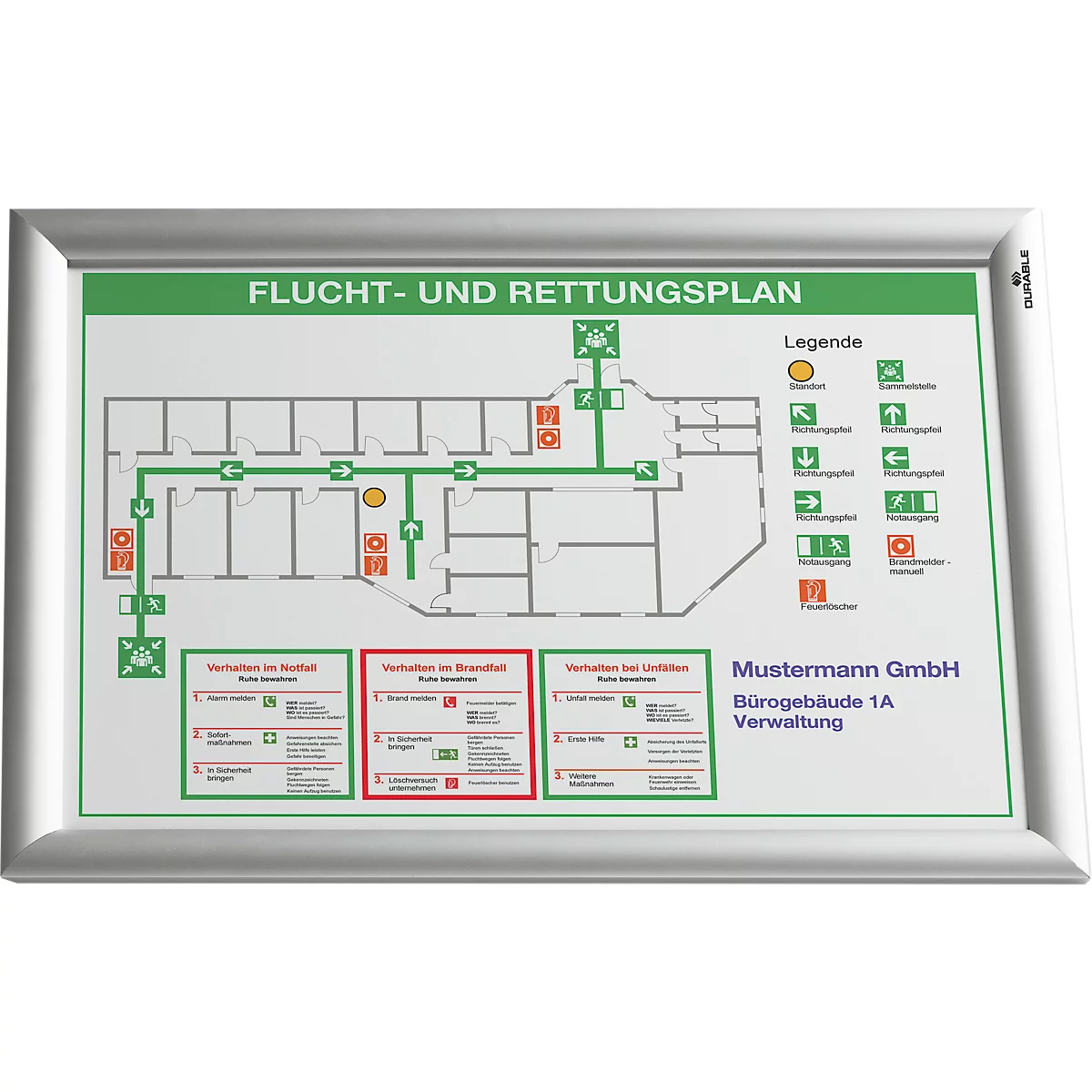 Notfallplan mit Gebäudegrundriss und Legende. Text: Flucht- und Rettungsplan, Musterfirma GmbH, Bürogebäude 1A, Verwaltung.