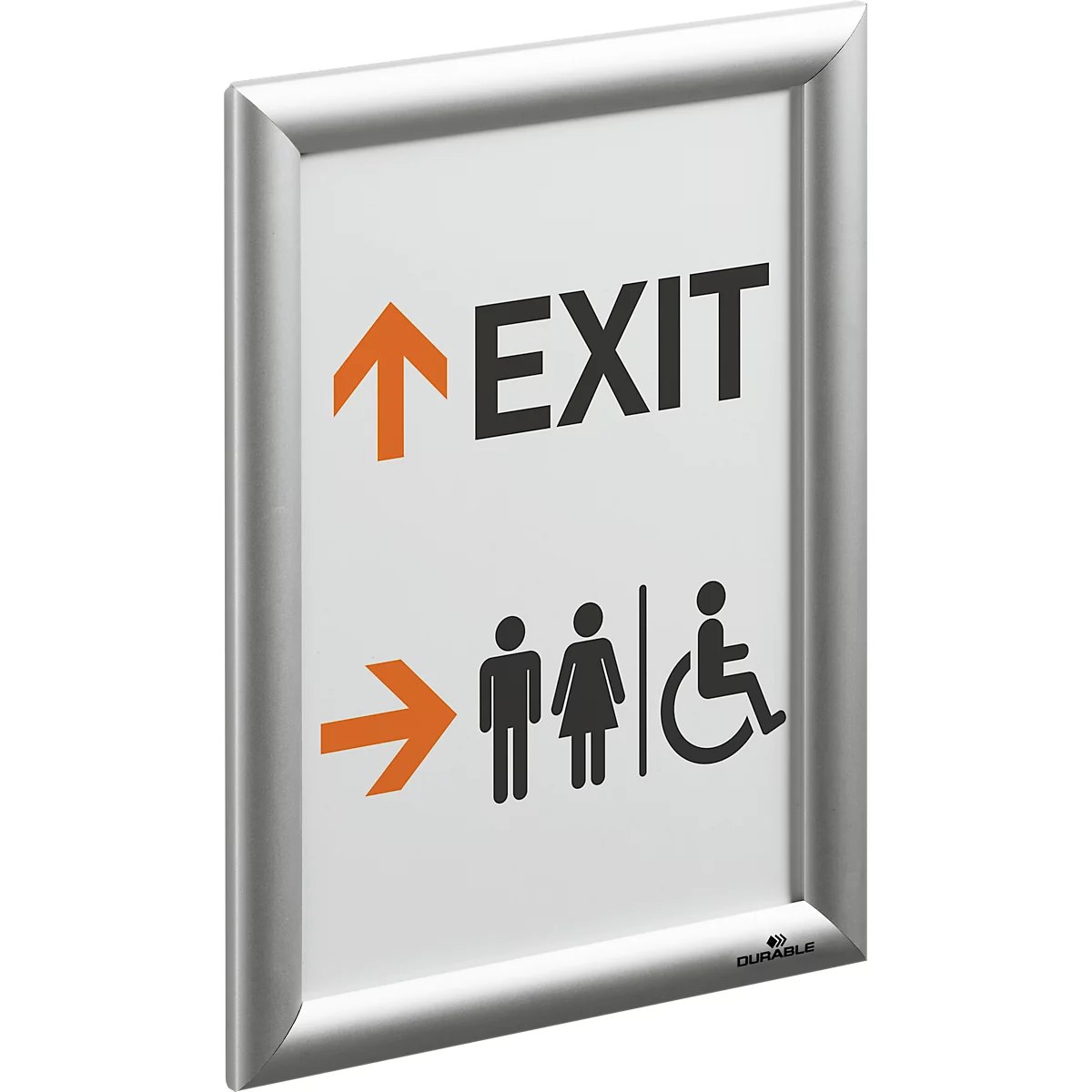 Silberfarbener Rahmen mit Schild: "EXIT" mit Pfeil nach oben und Richtungspfeil zu Toilettensymbolen.