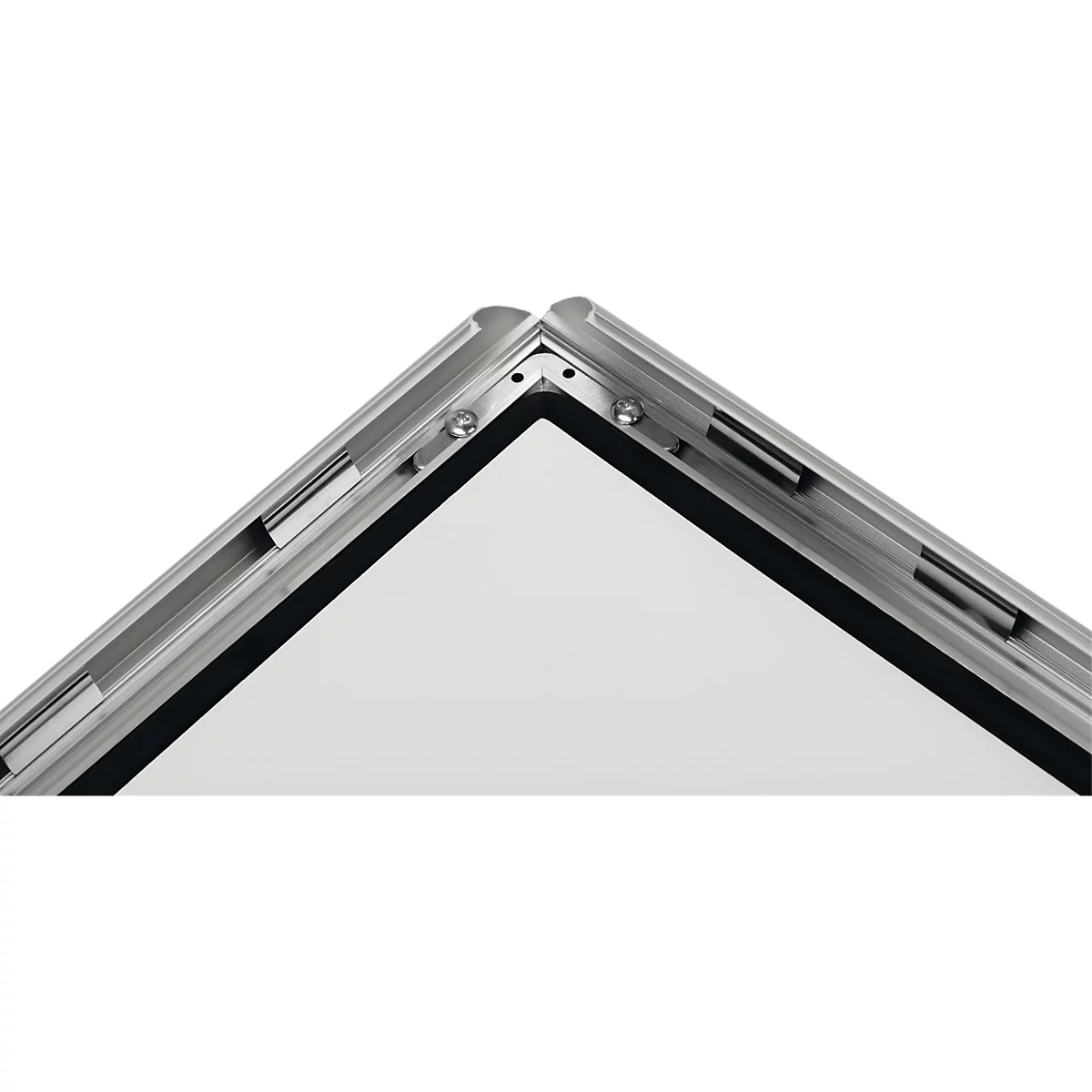 Nahaufnahme einer silbern glänzenden Metallecke eines Klapprahmens mit sichtbarem Mechanismus.