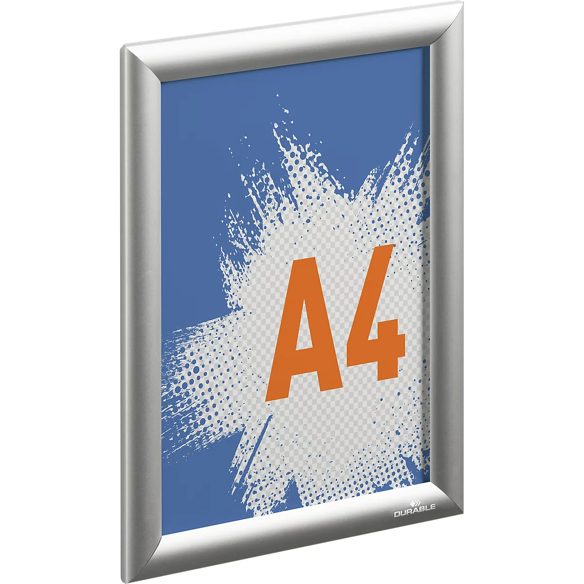 Ein silberner Klapprahmen im A4-Format mit einem blauen Plakat, das ein orangefarbenes A4-Logo zeigt.