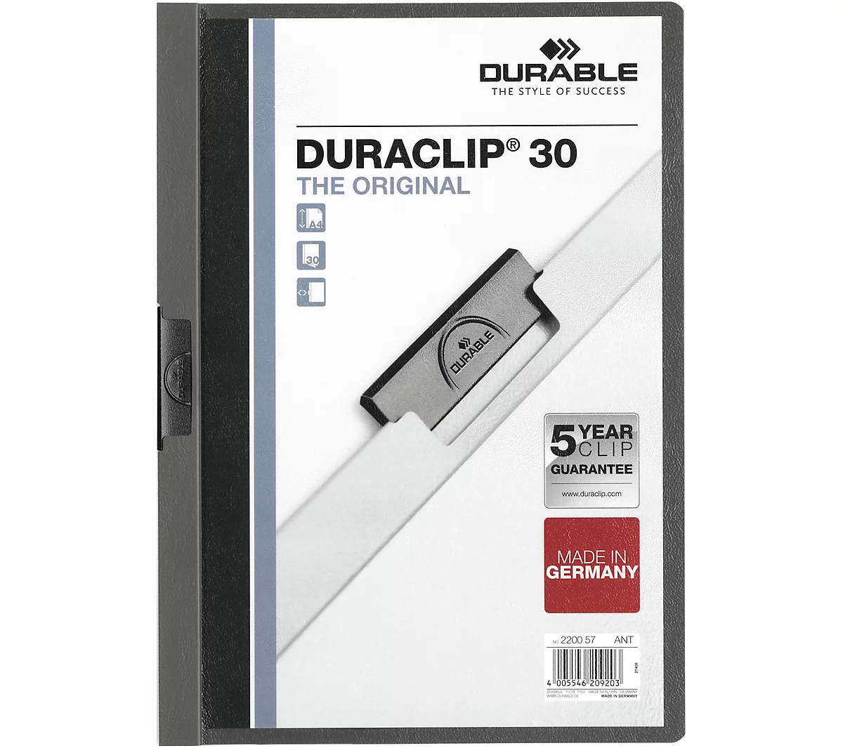 Durable Klemmmappe Duraclip, DIN A4, Kunststoff, mit Clip, anthrazit