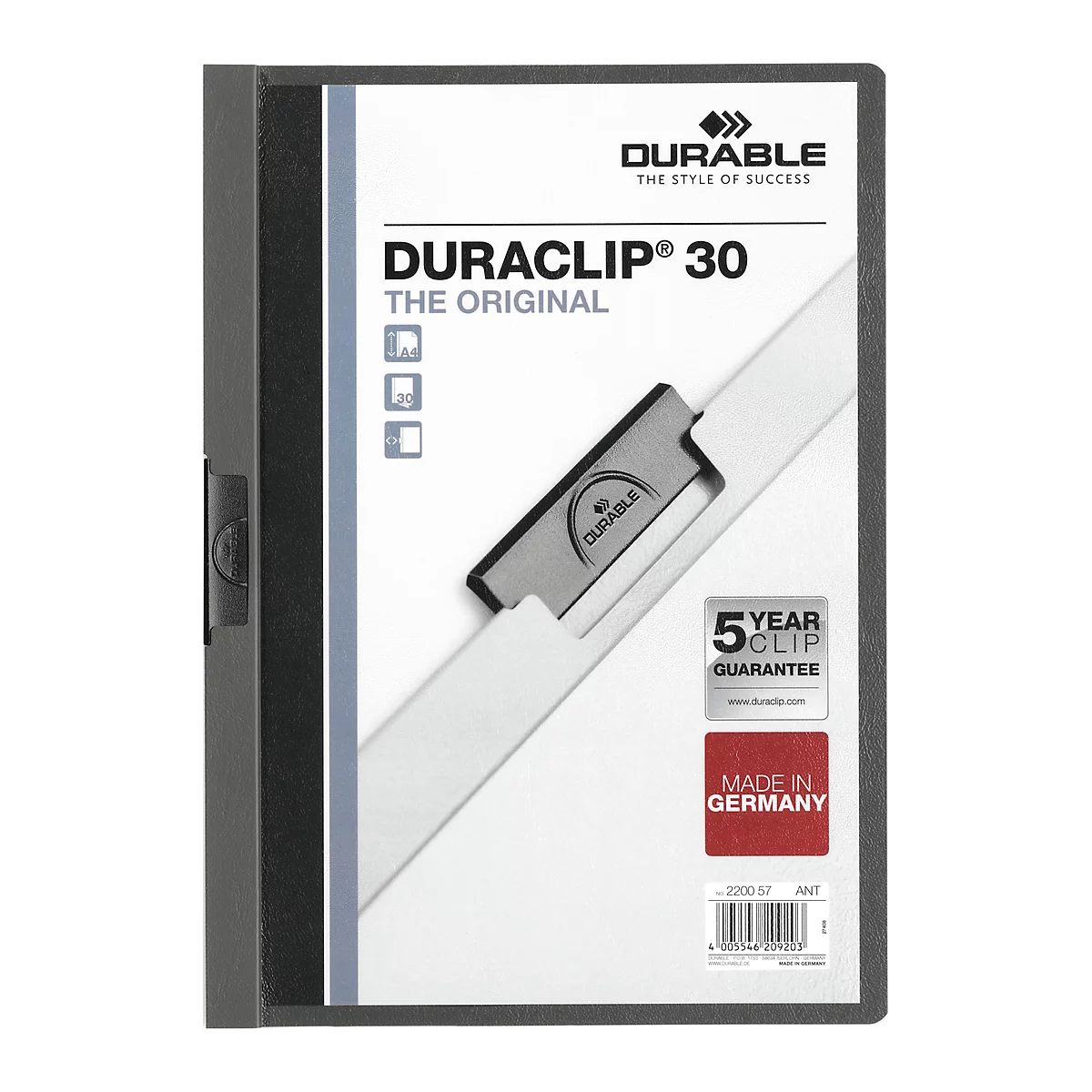 Durable Klemmmappe Duraclip, DIN A4, Kunststoff, mit Clip, anthrazit