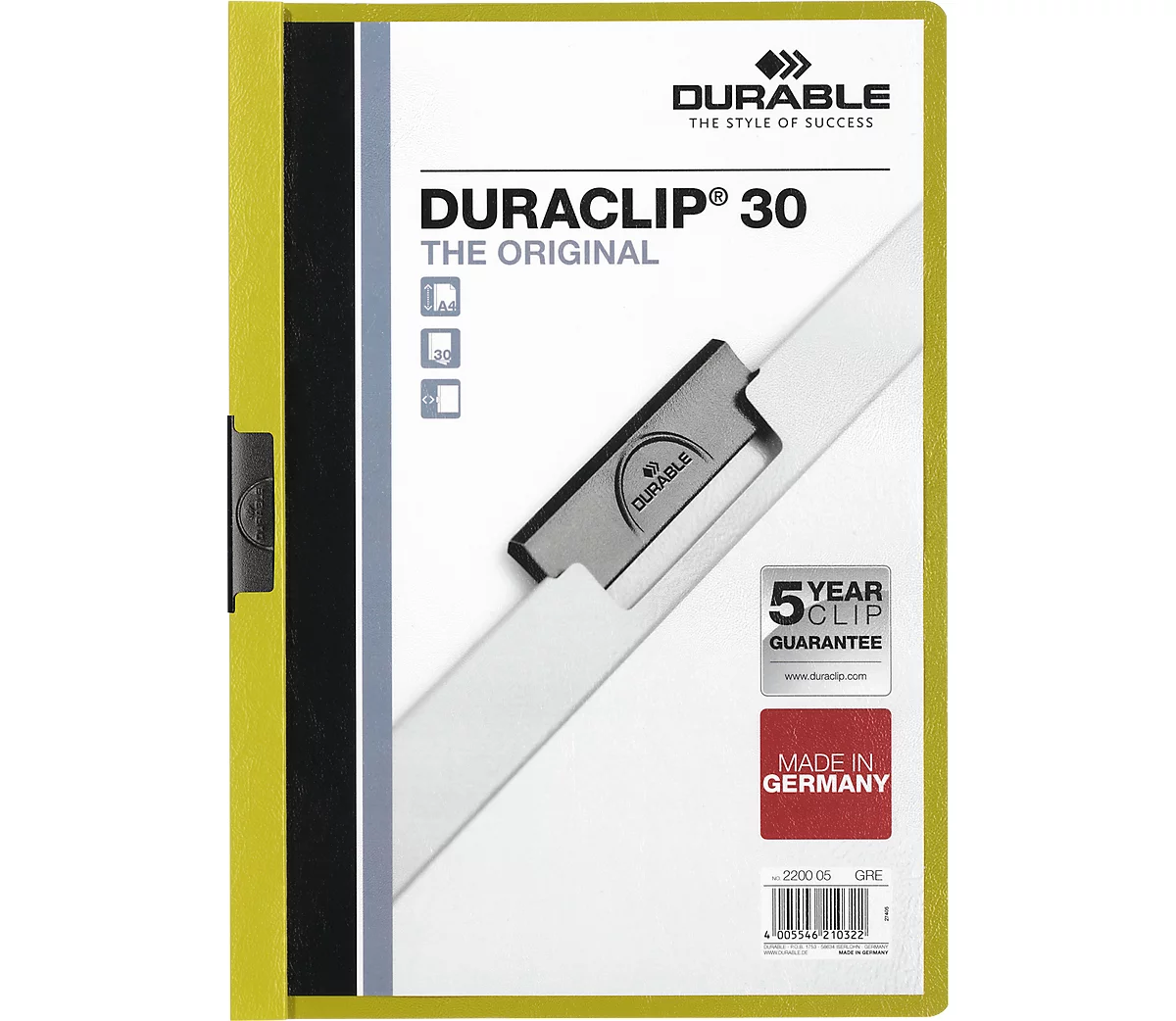 Durable Klemmmappe Duraclip, DIN A4, Kunststoff, mit Clip, grün