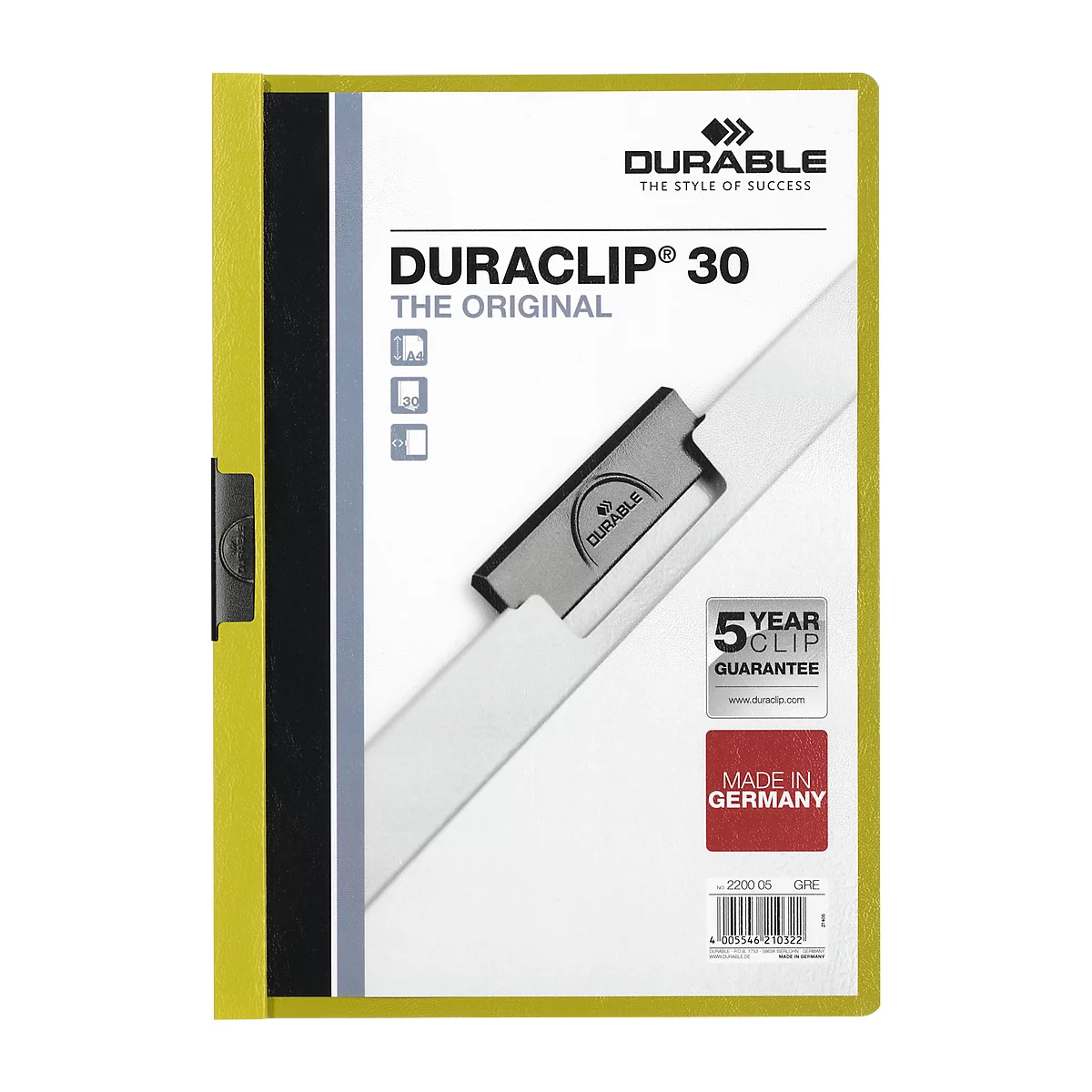 Durable Klemmmappe Duraclip, DIN A4, Kunststoff, mit Clip, grün