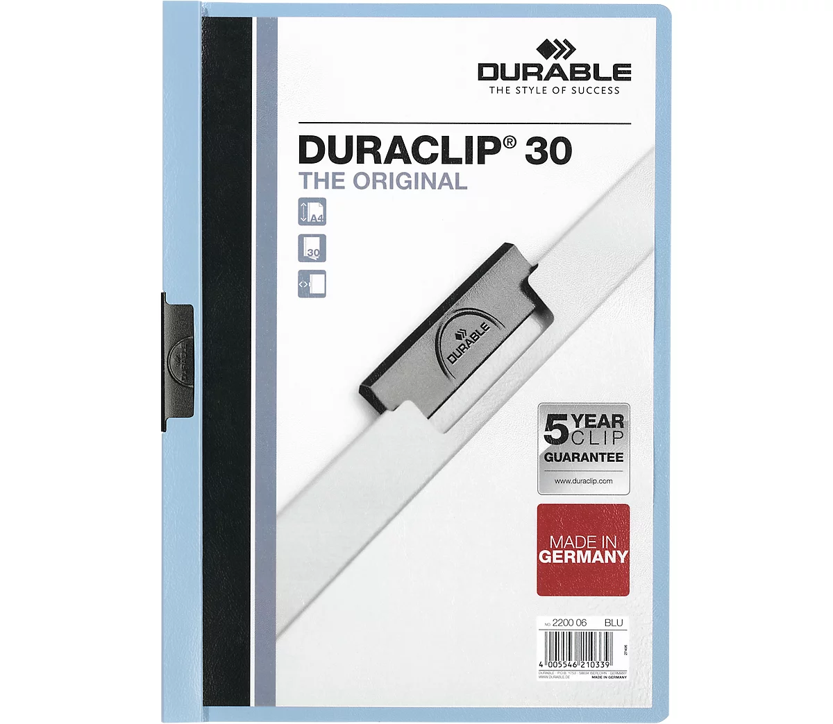Durable Klemmmappe Duraclip, DIN A4, Kunststoff, mit Clip, hellblau