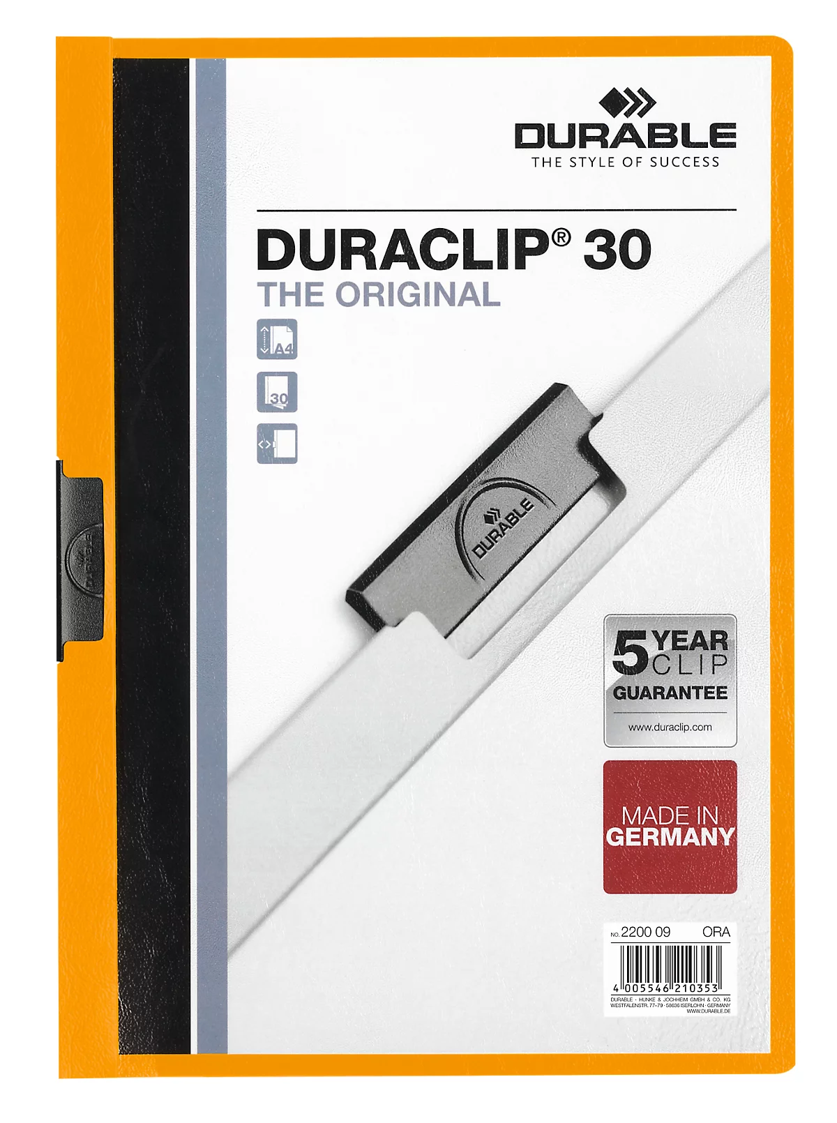 Durable Klemmmappe Duraclip, DIN A4, Kunststoff, mit Clip, orange