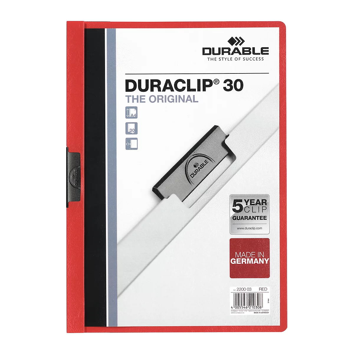 Durable Klemmmappe Duraclip, DIN A4, Kunststoff, mit Clip, rot