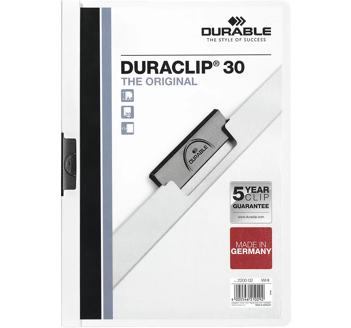 Durable Klemmmappe Duraclip, DIN A4, Kunststoff, mit Clip, weiß