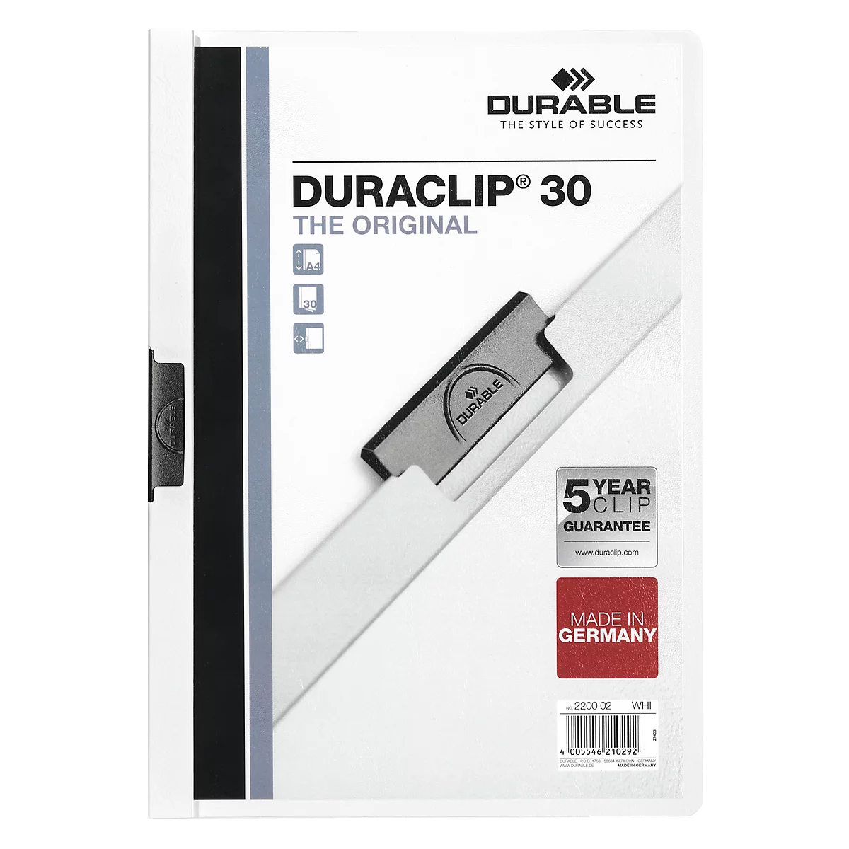 Durable Klemmmappe Duraclip, DIN A4, Kunststoff, mit Clip, weiß