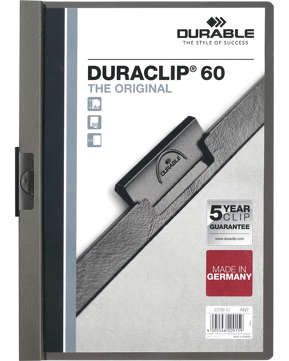 Durable Klemmmappen Duraclip, DIN A4, Kunststoff, mit Clip, anthrazit