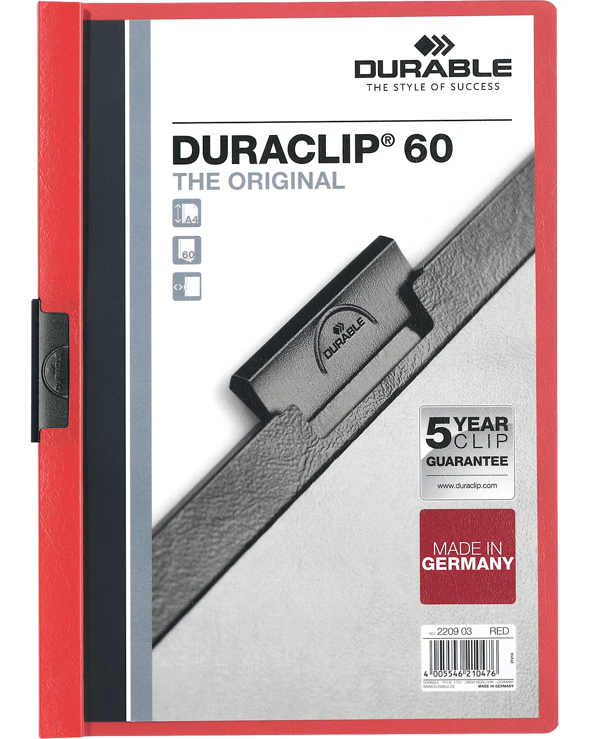 Durable Klemmmappen Duraclip, DIN A4, Kunststoff, mit Clip, rot