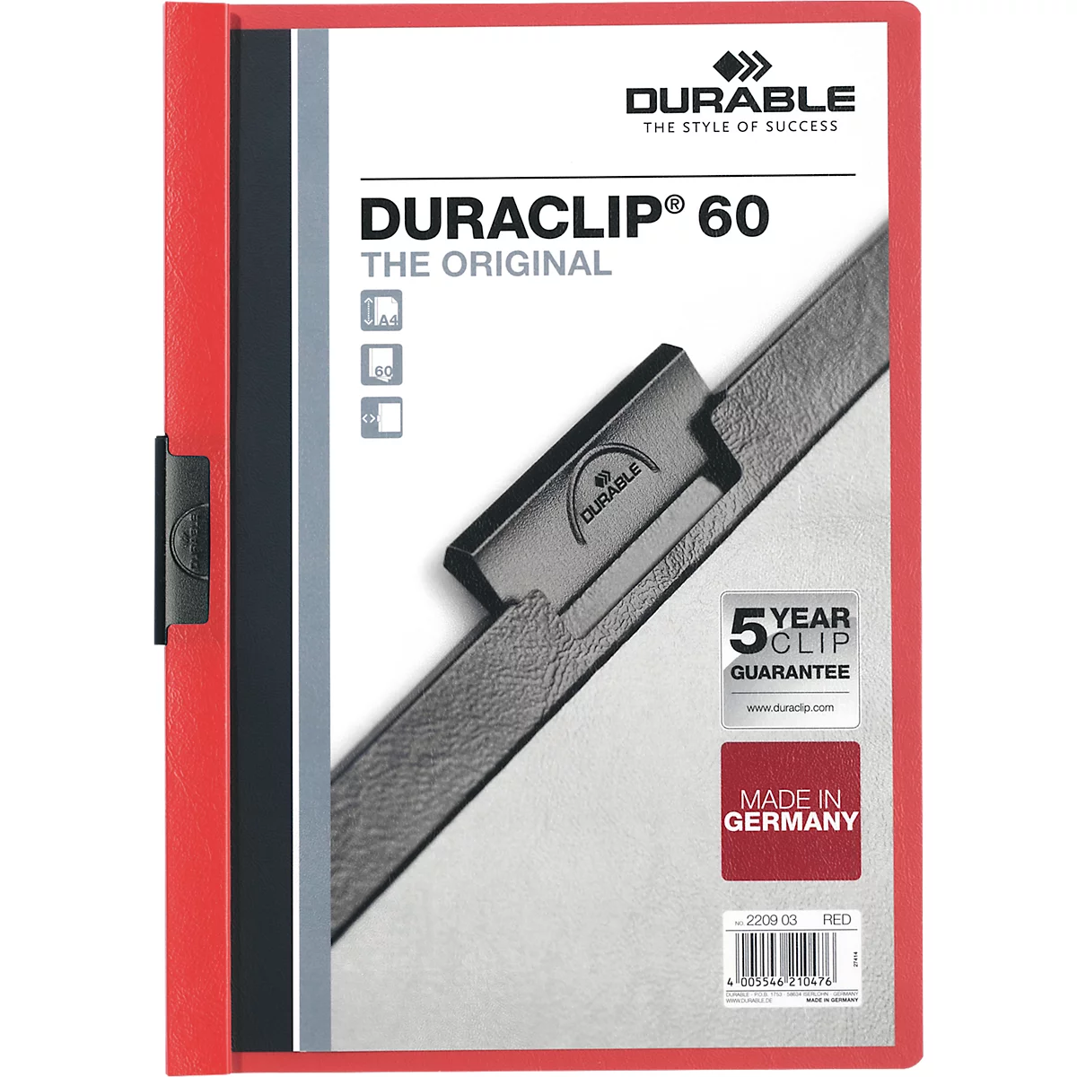 Durable Klemmmappen Duraclip, DIN A4, Kunststoff, mit Clip, rot