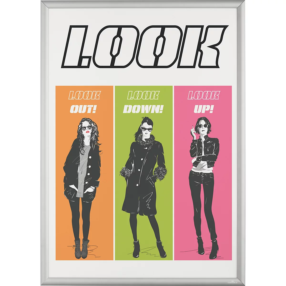 Poster met drie gestileerde vrouwenfiguren in oranje, groen en roze tegen een witte achtergrond met de tekst Look.