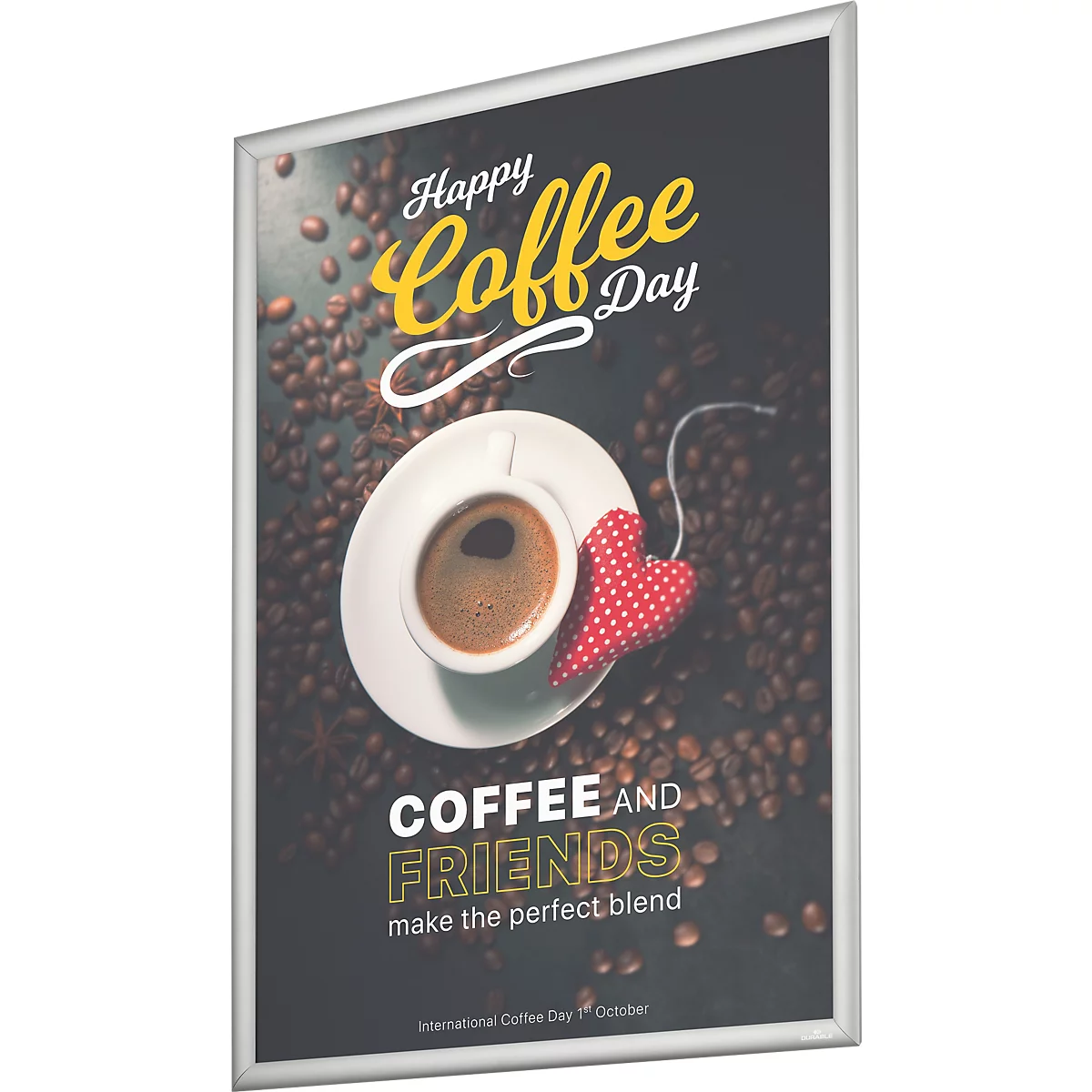 Poster in aluminium frame met koffietekst, koffiekopje en hartsymbool op achtergrond van koffiebonen.