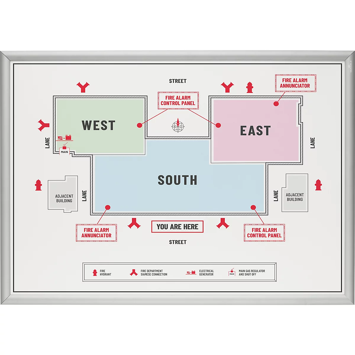Brandweerplattegrond met gebouwsecties West, Oost en Zuid, inclusief veiligheidsvoorzieningen en locatieaanduiding.