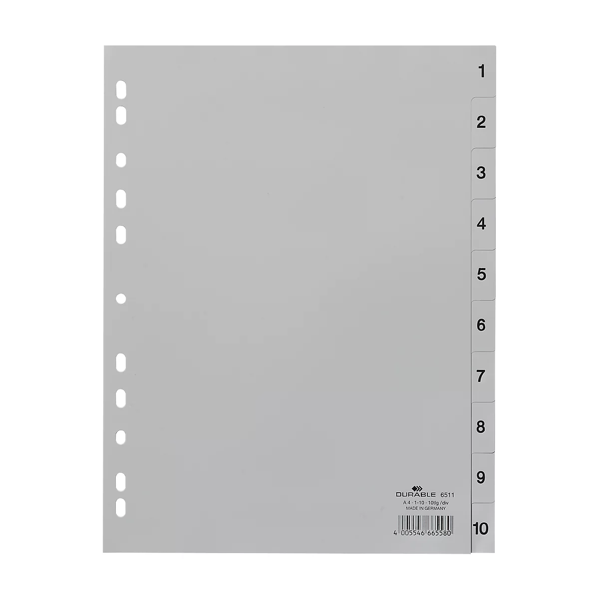 DURABLE kunststof indexbladen, A4 staand, cijfers 1-10, grijs