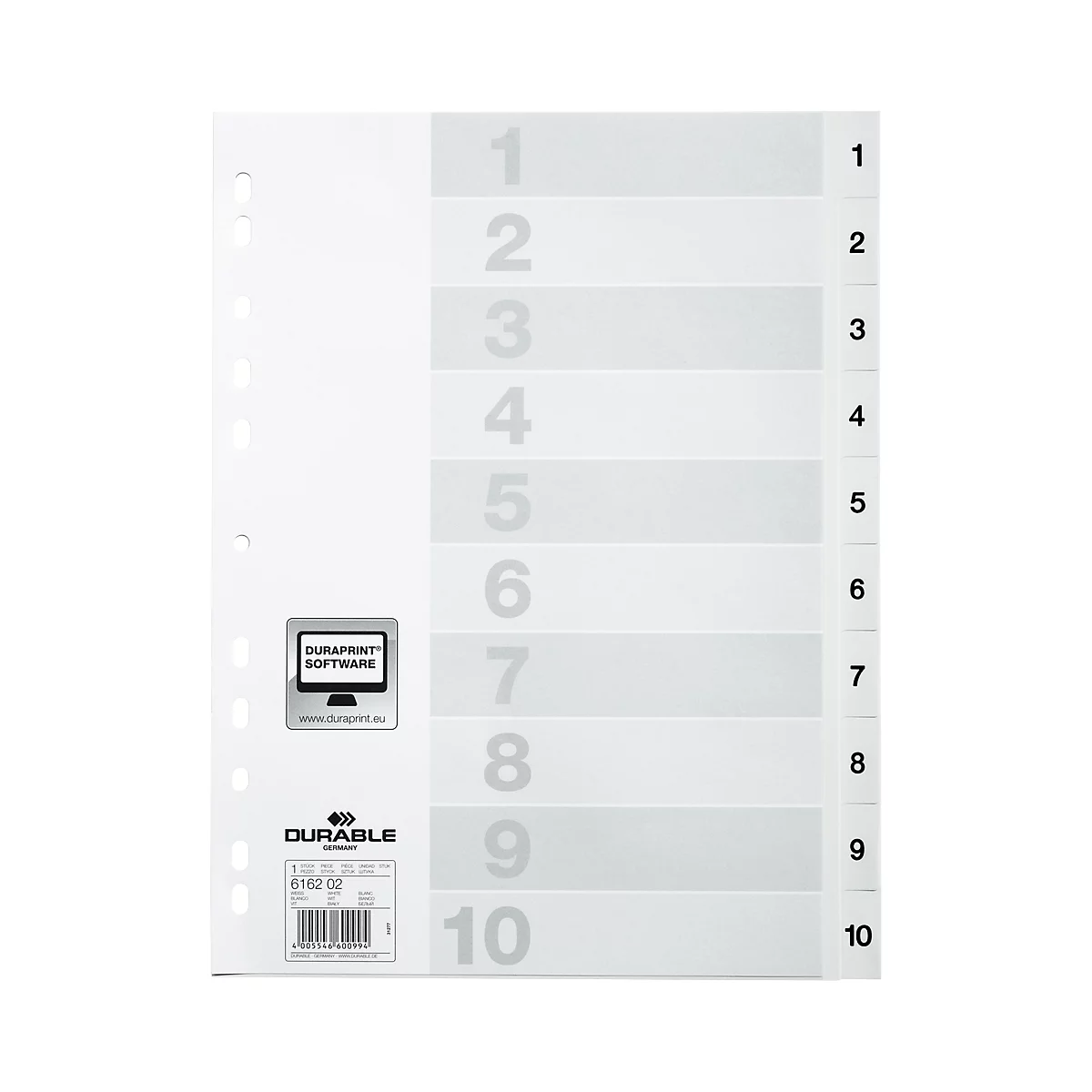 DURABLE kunststof indexbladen, A4 staand, cijfers 1-10, wit