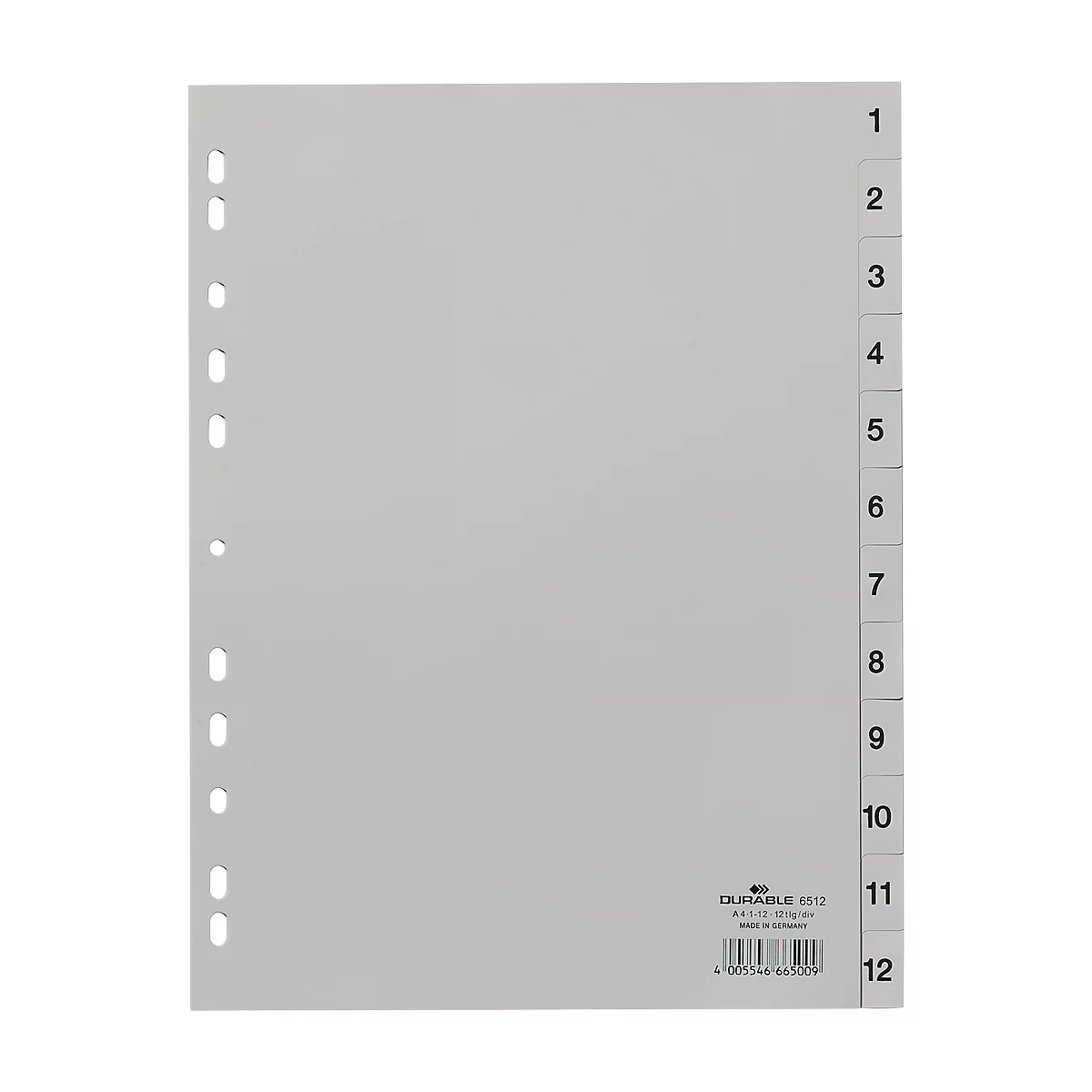 DURABLE kunststof indexbladen, A4 staand, cijfers 1-12, grijs