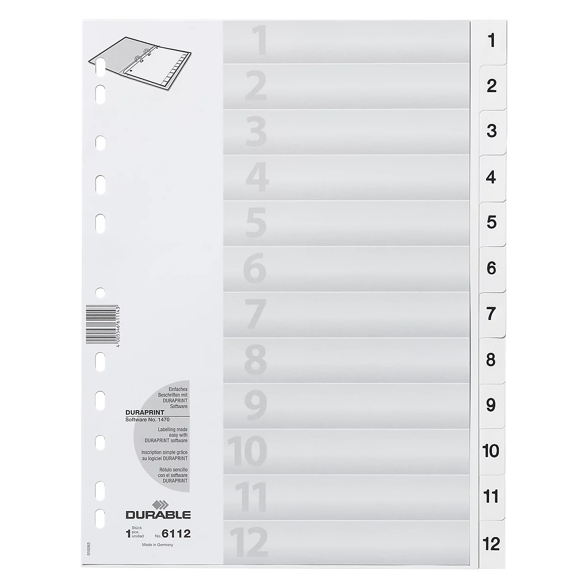 DURABLE kunststof indexbladen, A4 staand, cijfers 1-12, wit