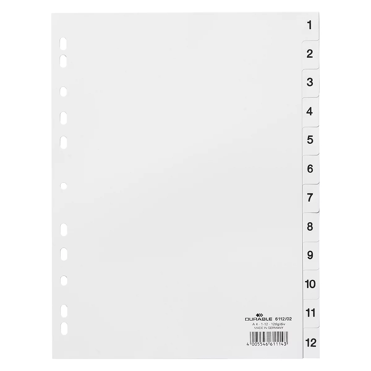 DURABLE kunststof indexbladen, A4 staand, cijfers 1-12, wit