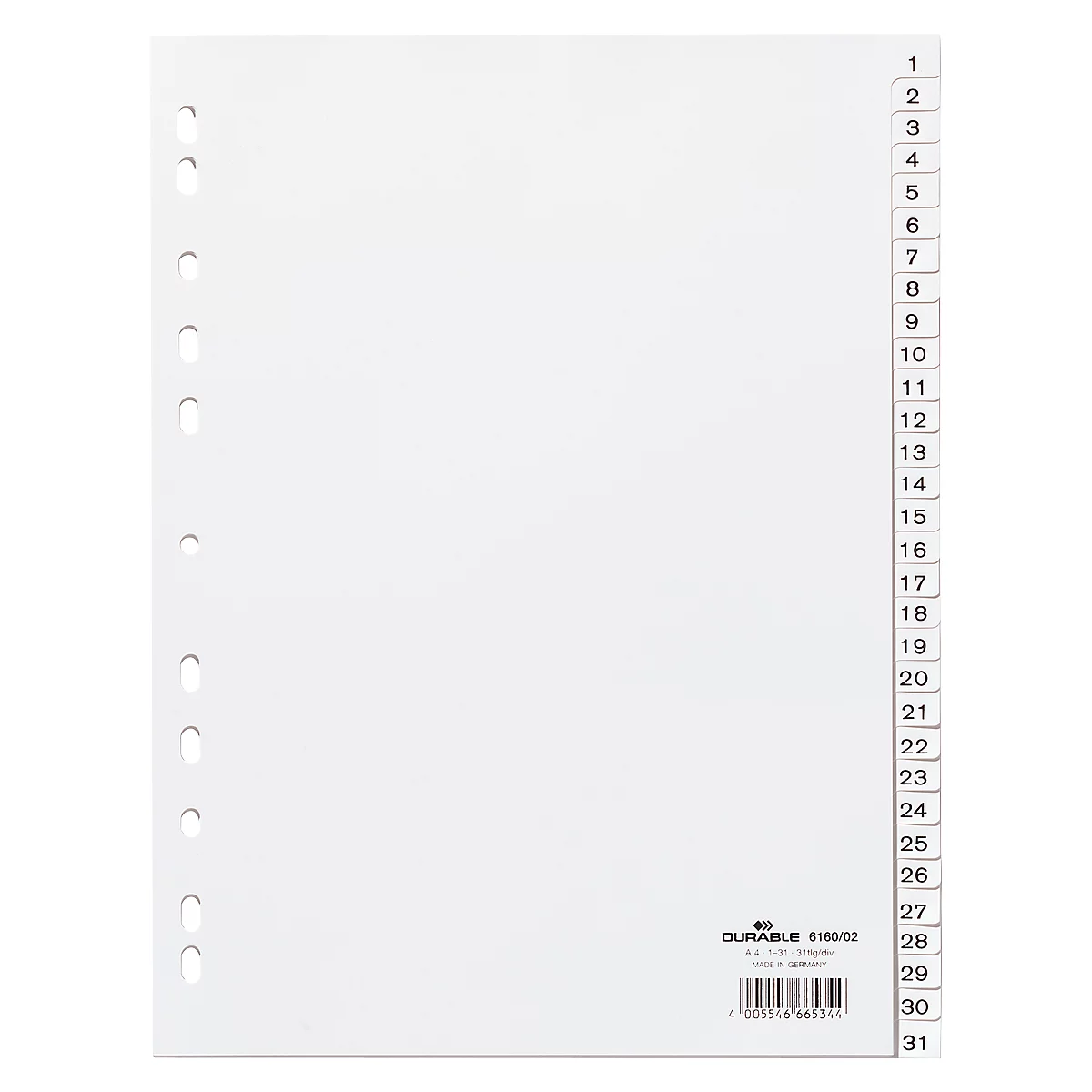 DURABLE kunststof indexbladen, A4 staand, cijfers 1-31, wit