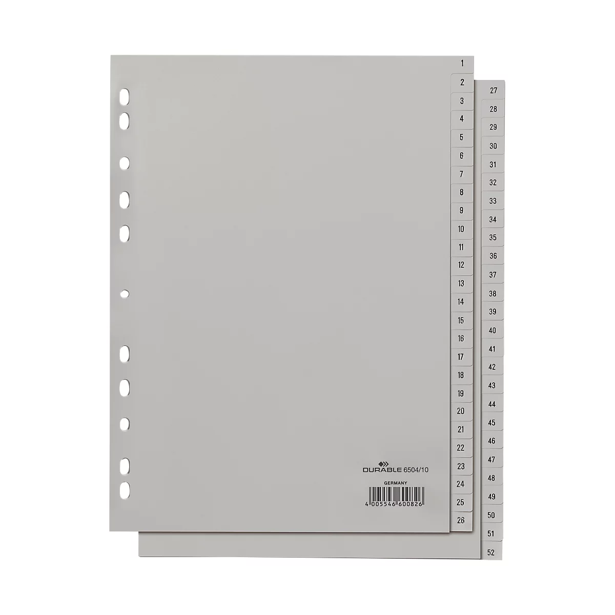 DURABLE kunststof indexbladen, A4 staand, cijfers 1-52, grijs