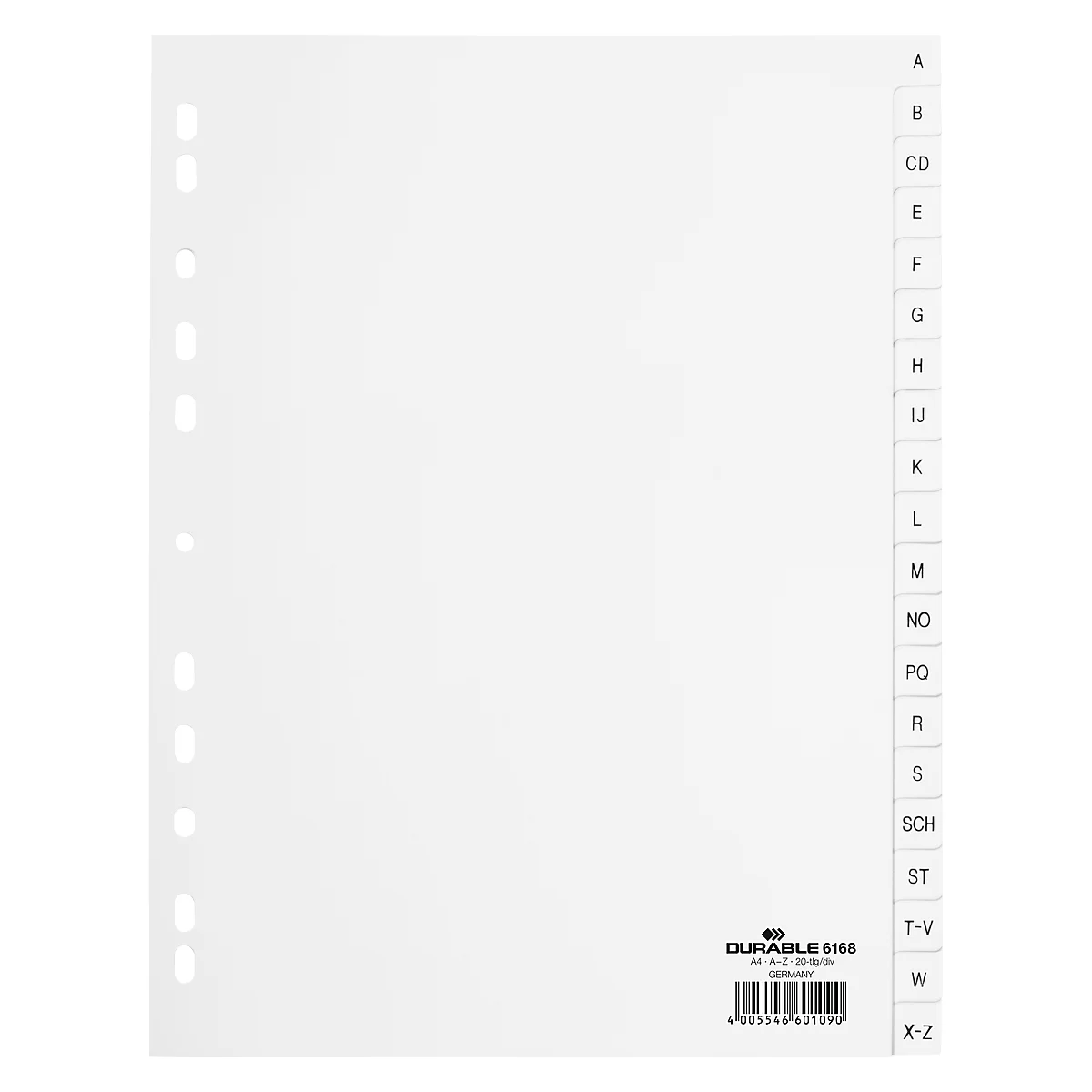 DURABLE kunststof indexbladen, A4 staand, Letters A tot Z (20 vakken), wit