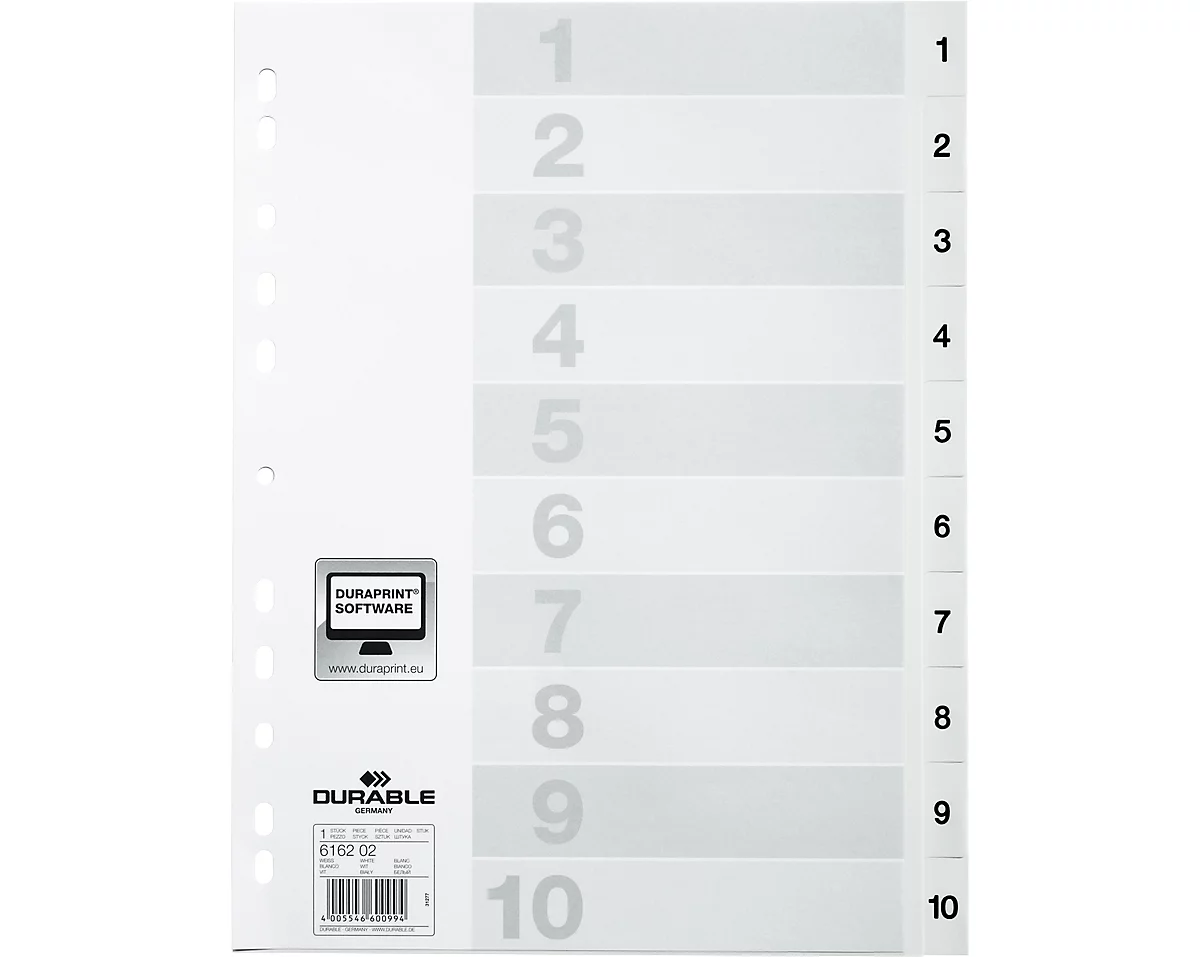 Durable Kunststoffregister, A4 hoch, Zahlen 1-10, weiß