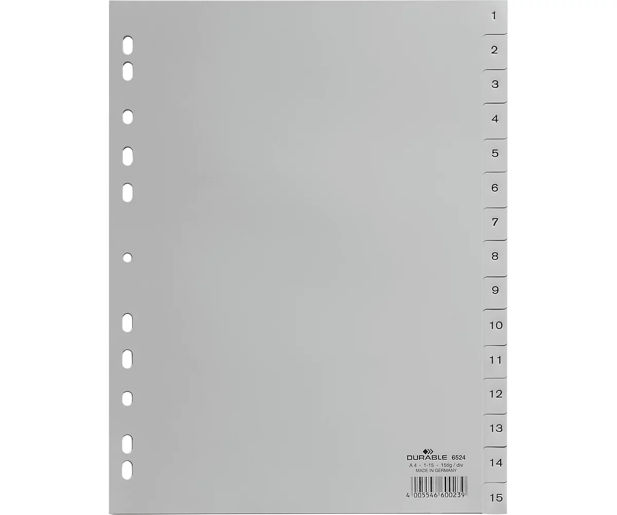 Durable Kunststoffregister, A4 hoch, Zahlen 1-15, grau