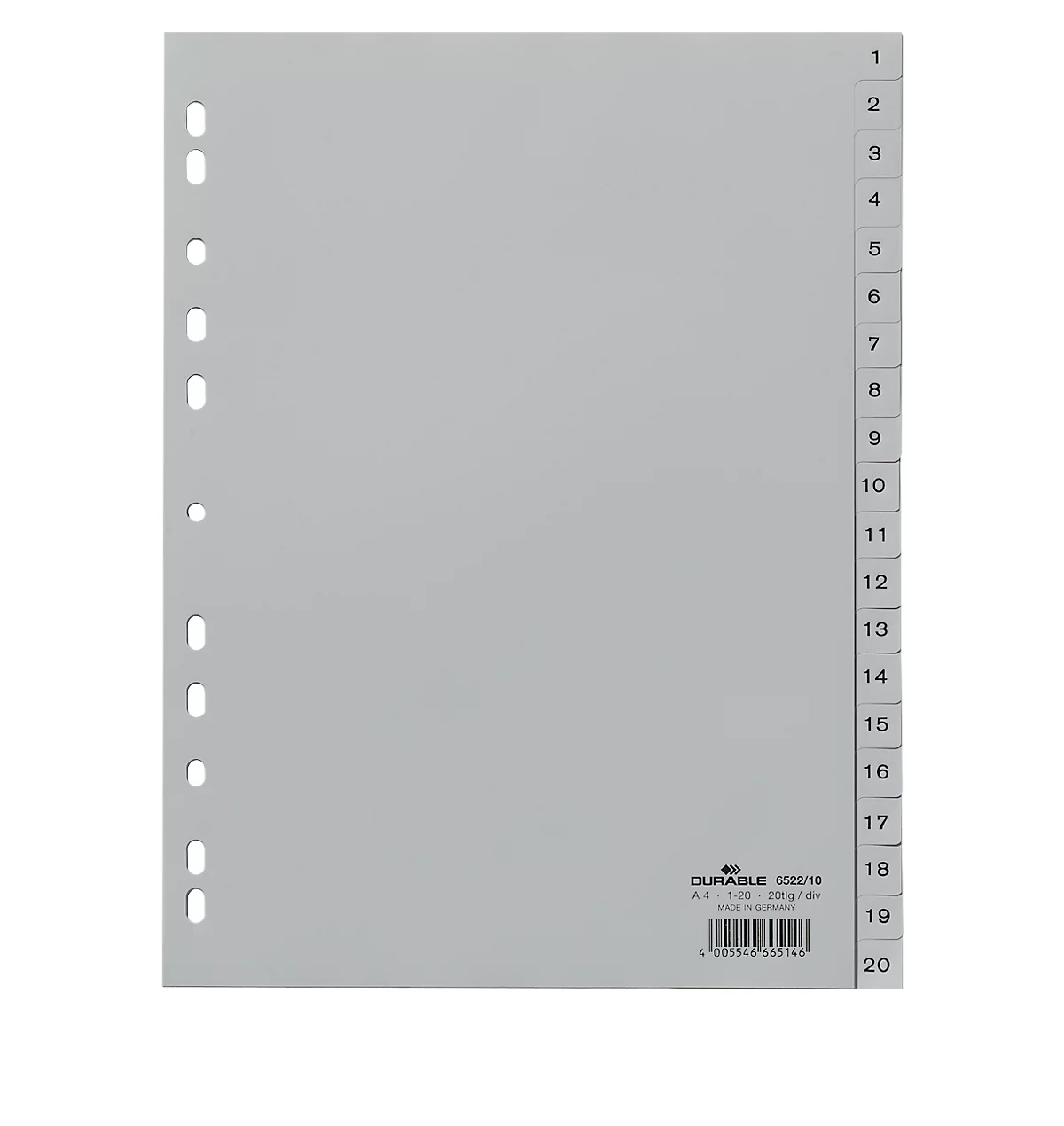 Durable Kunststoffregister, A4 hoch, Zahlen 1-20, grau