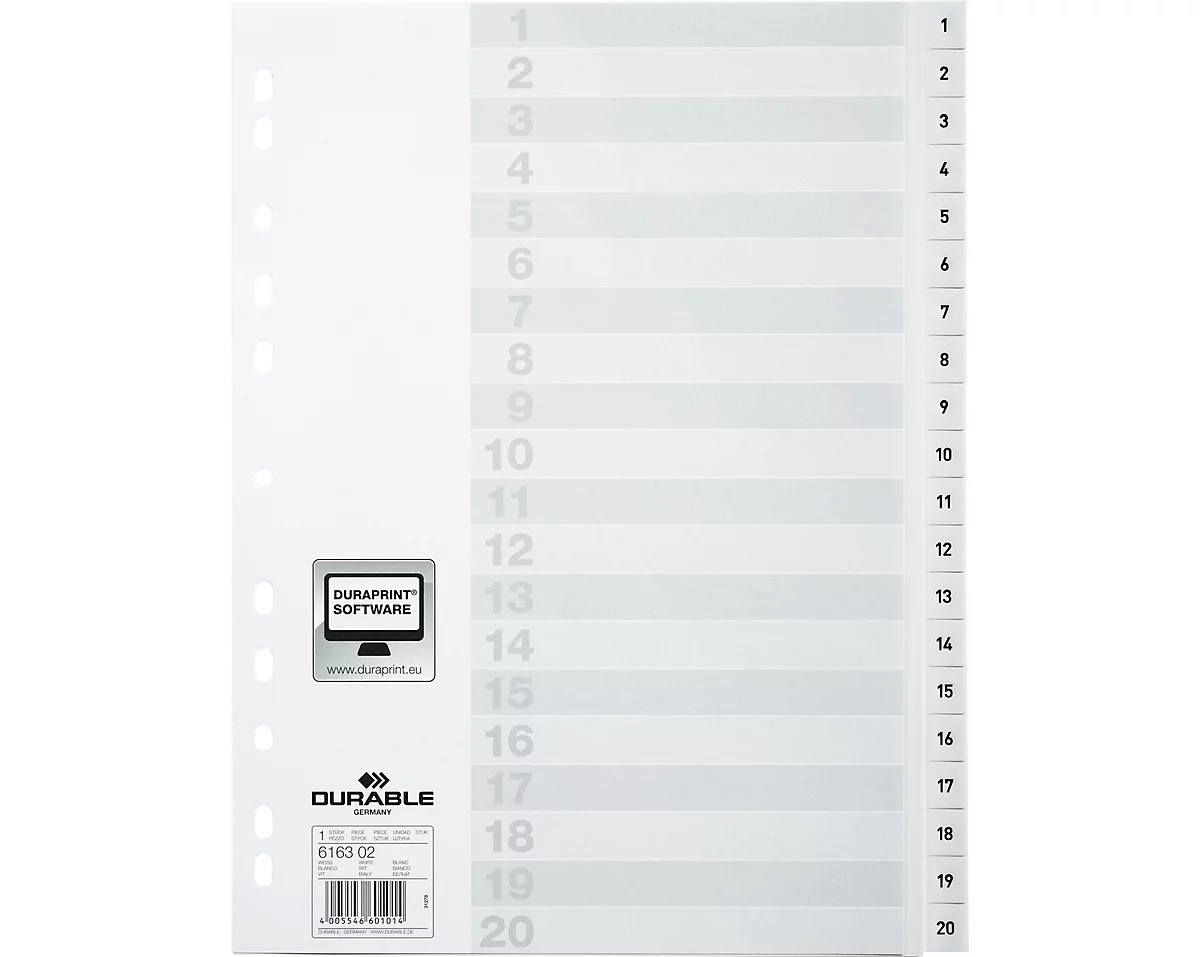 Durable Kunststoffregister, A4 hoch, Zahlen 1-20, weiß