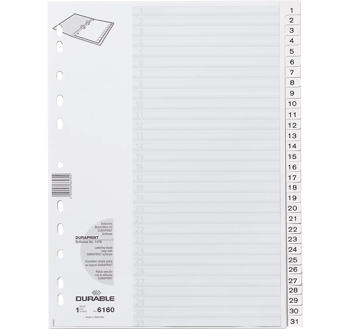 Durable Kunststoffregister, A4 hoch, Zahlen 1-31 , weiß
