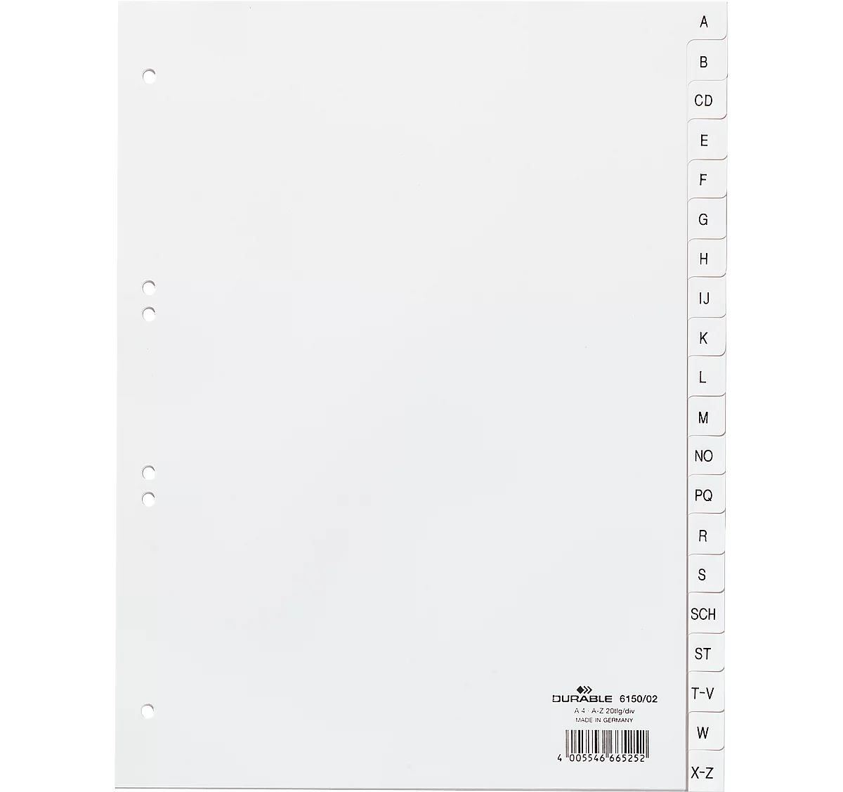 Durable Kunststoffregister, DIN A4 , Buchstaben A-Z (20 Fächer), weiß