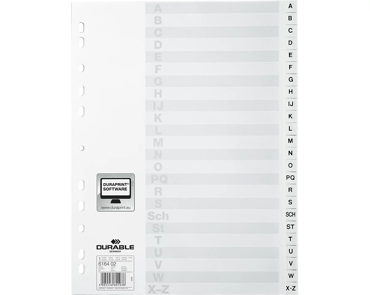 Durable Kunststoffregister, DIN A4, Buchstaben A-Z(24 Fächer), weiß