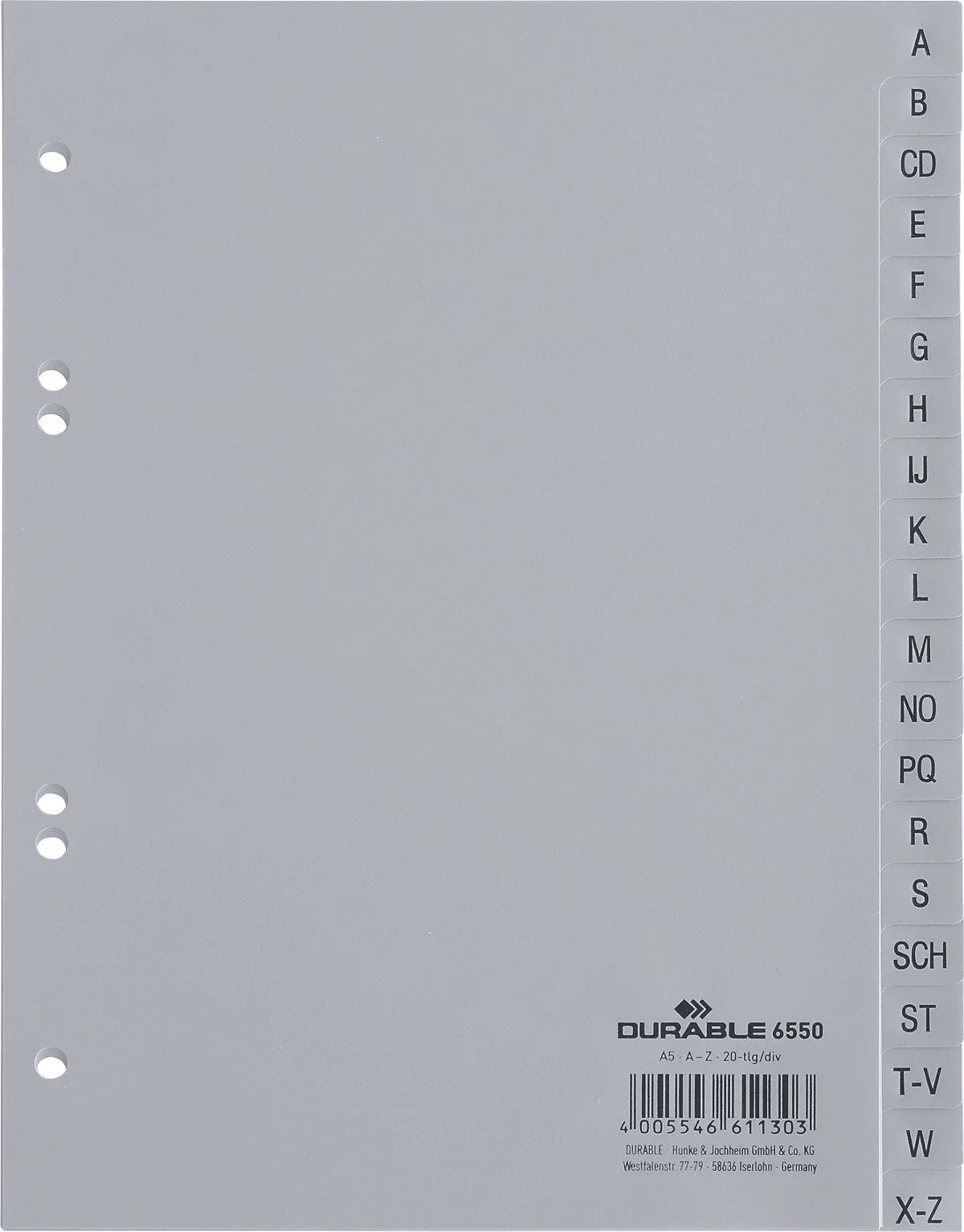 Durable Kunststoffregister, DIN A5 hoch, Buchstaben A-Z (20 Fächer), grau