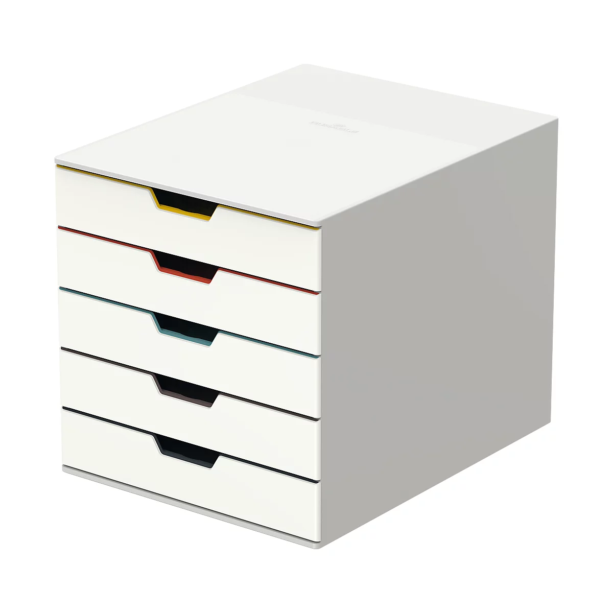 Wit ladesysteem met vier gekleurde ladefronten. Geel, rood, blauw en zwart.