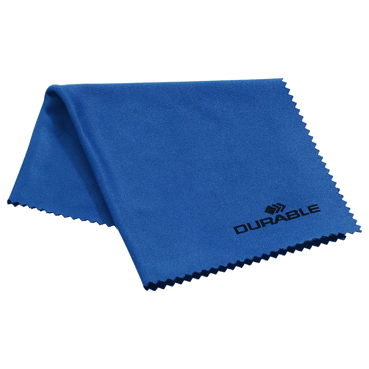 Blue microfiber cloth with DURABLE logo. Zigzag edge. Partially folded.