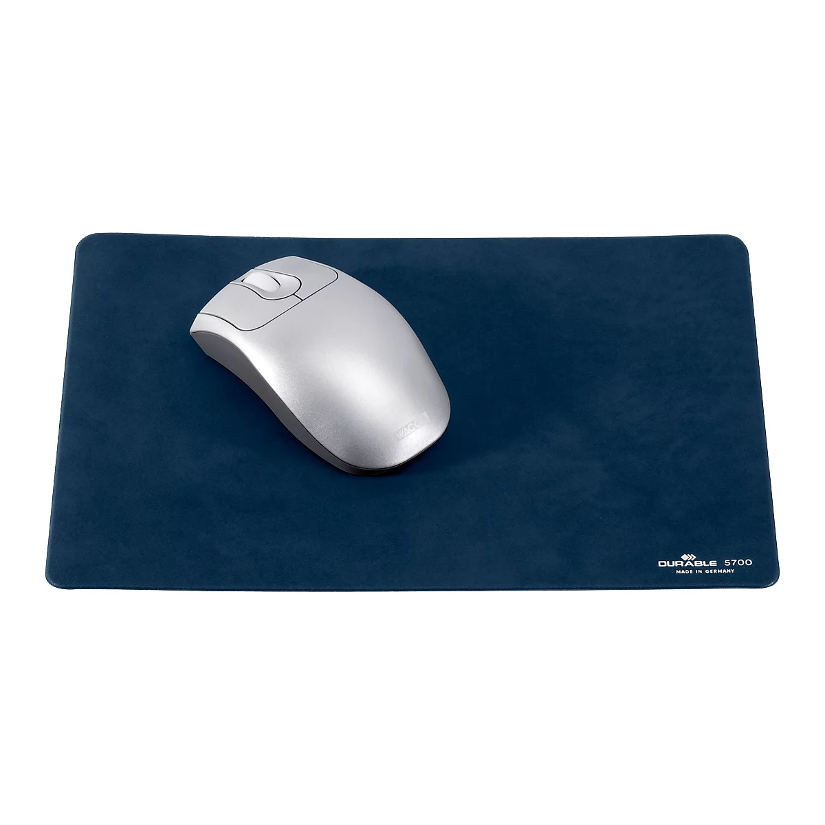 Blue mouse pad with silver mouse. The pad says "DURABLE 5700" in white.