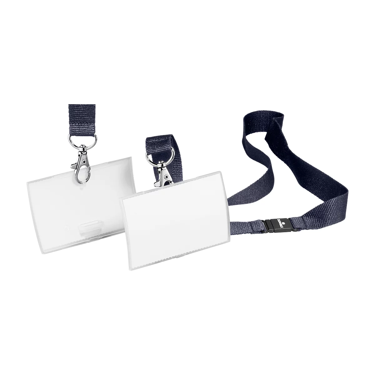 Two badges with blue lanyard and carabiner clip.