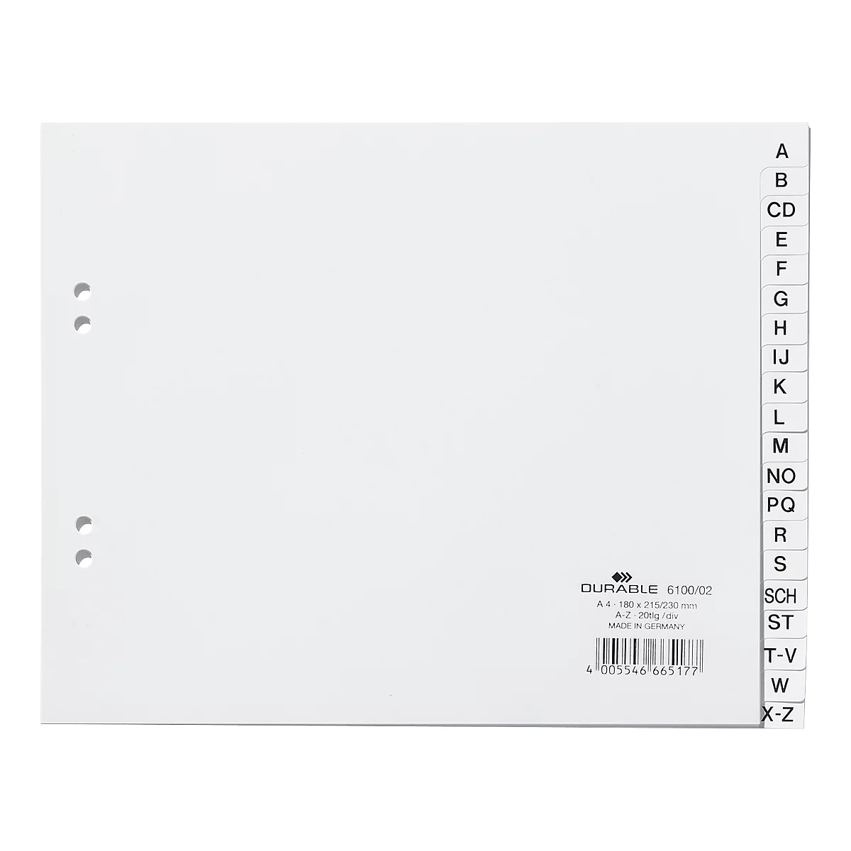 White index with alphabetical subdivisions. Letters from A to Z, manufacturer's logo and barcode are printed on it.
