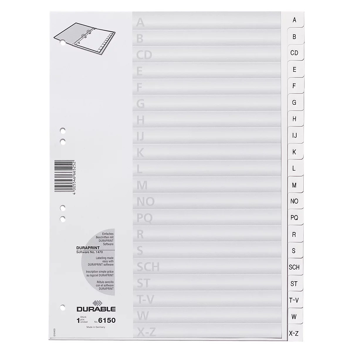 White index with letters from A to Z. Perforated field on the left.