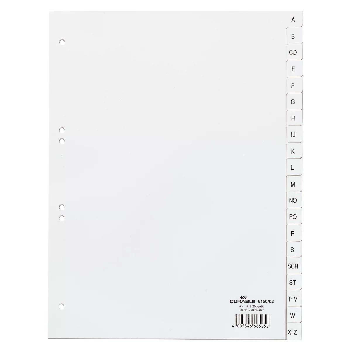 White index sheet with alphabetical division from A to Z. Three holes for filing. DURABLE.