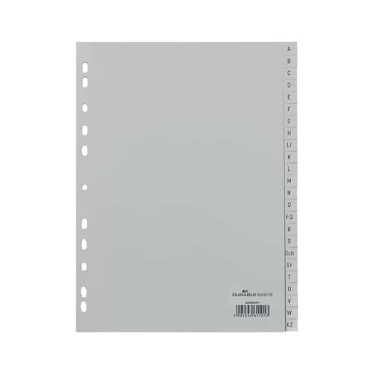 Gray index card with perforation and letter identification. The DURABLE brand is printed on the bottom right.