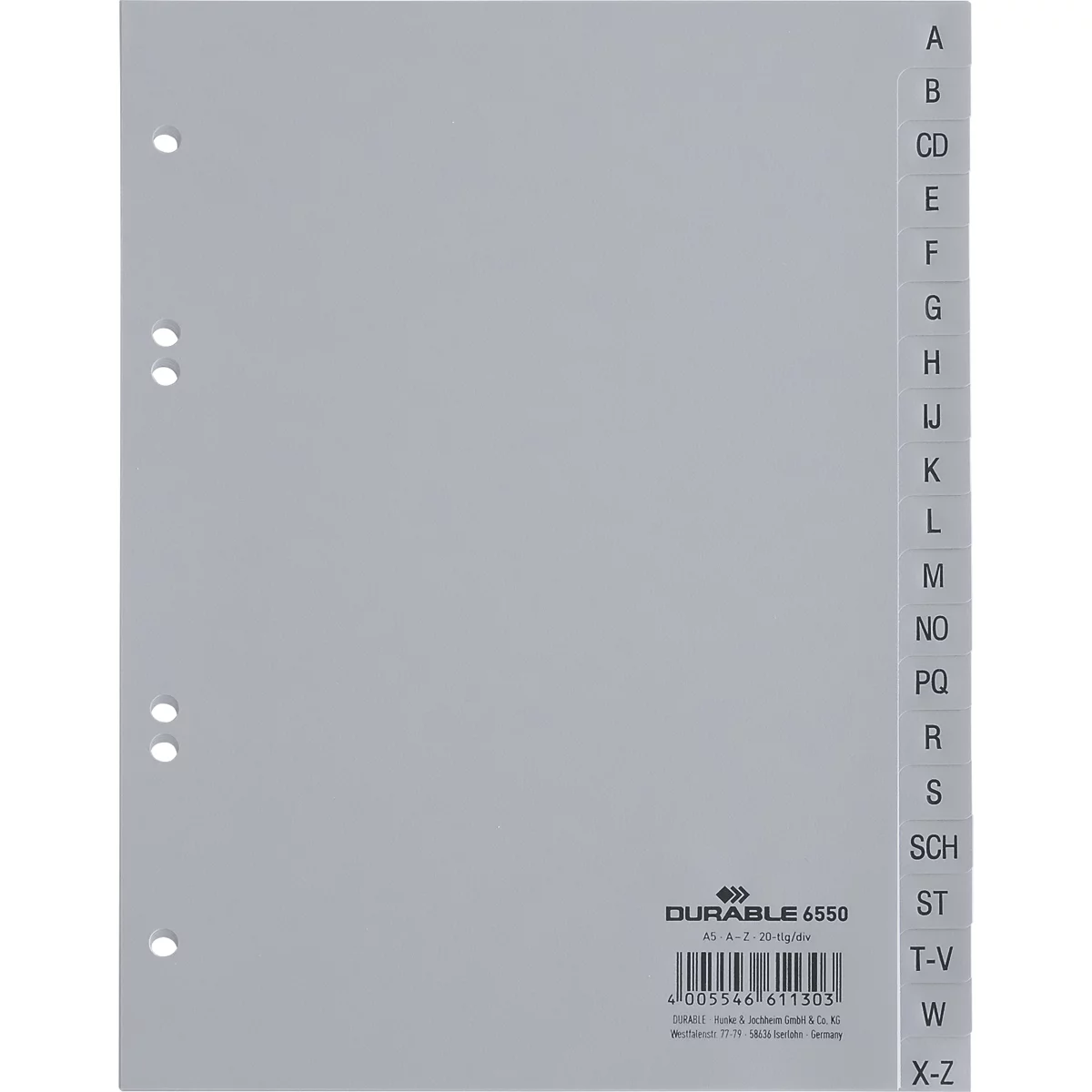 Gray index sheet with alphabetical labeling. Holes for punching on the top left. DURABLE print and barcode.
