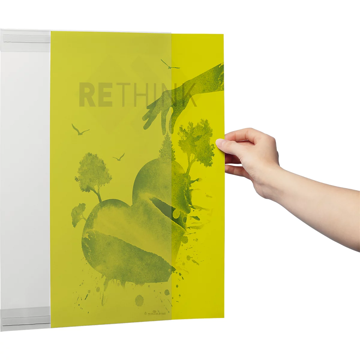 Durable Porte-revues rPET, A3 format portrait, autocollant grâce à 2 bandes adhésives au dos, PET recyclé, transparent, 5 pièces