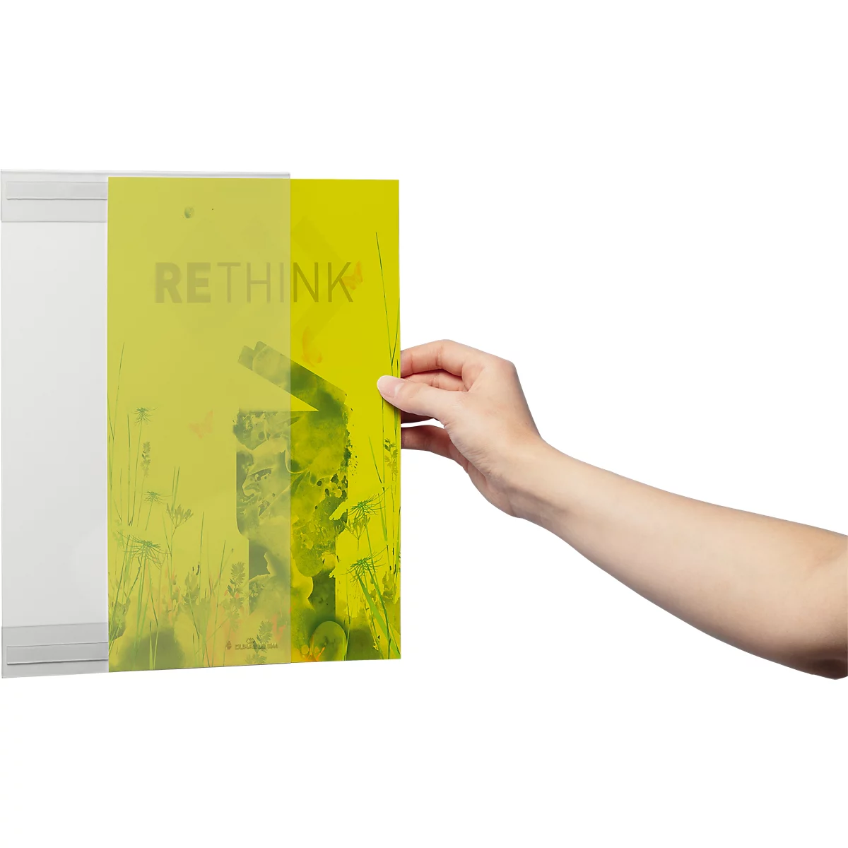Durable Porte-revues rPET, A4 portrait, autocollant grâce à 2 bandes adhésives au dos, PET recyclé, transparent, 5 pièces