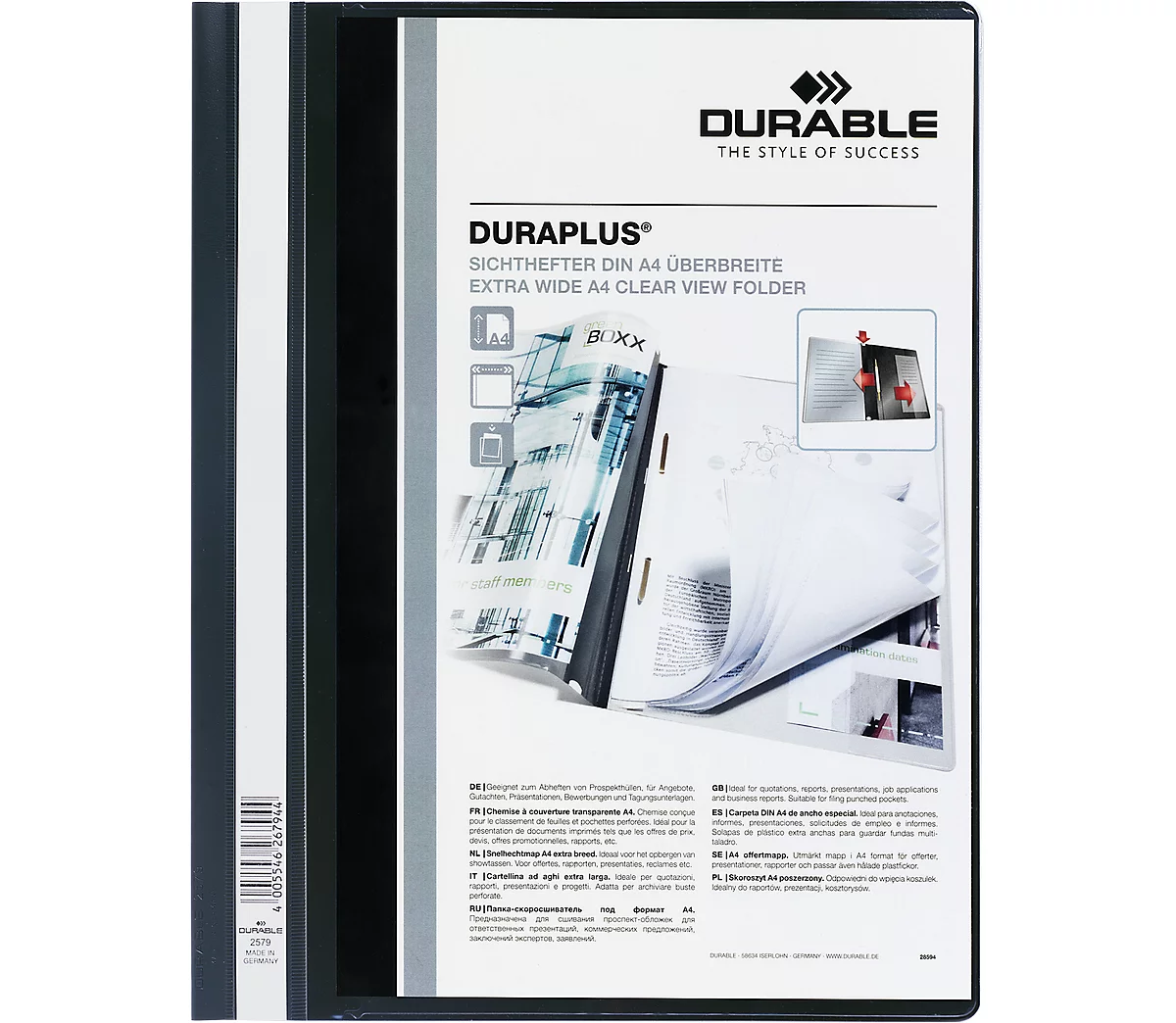 DURABLE Präsentations-Sichthefter DURAPLUS extrabreit, PVC-Hartfolie, 25 Stück, schwarz